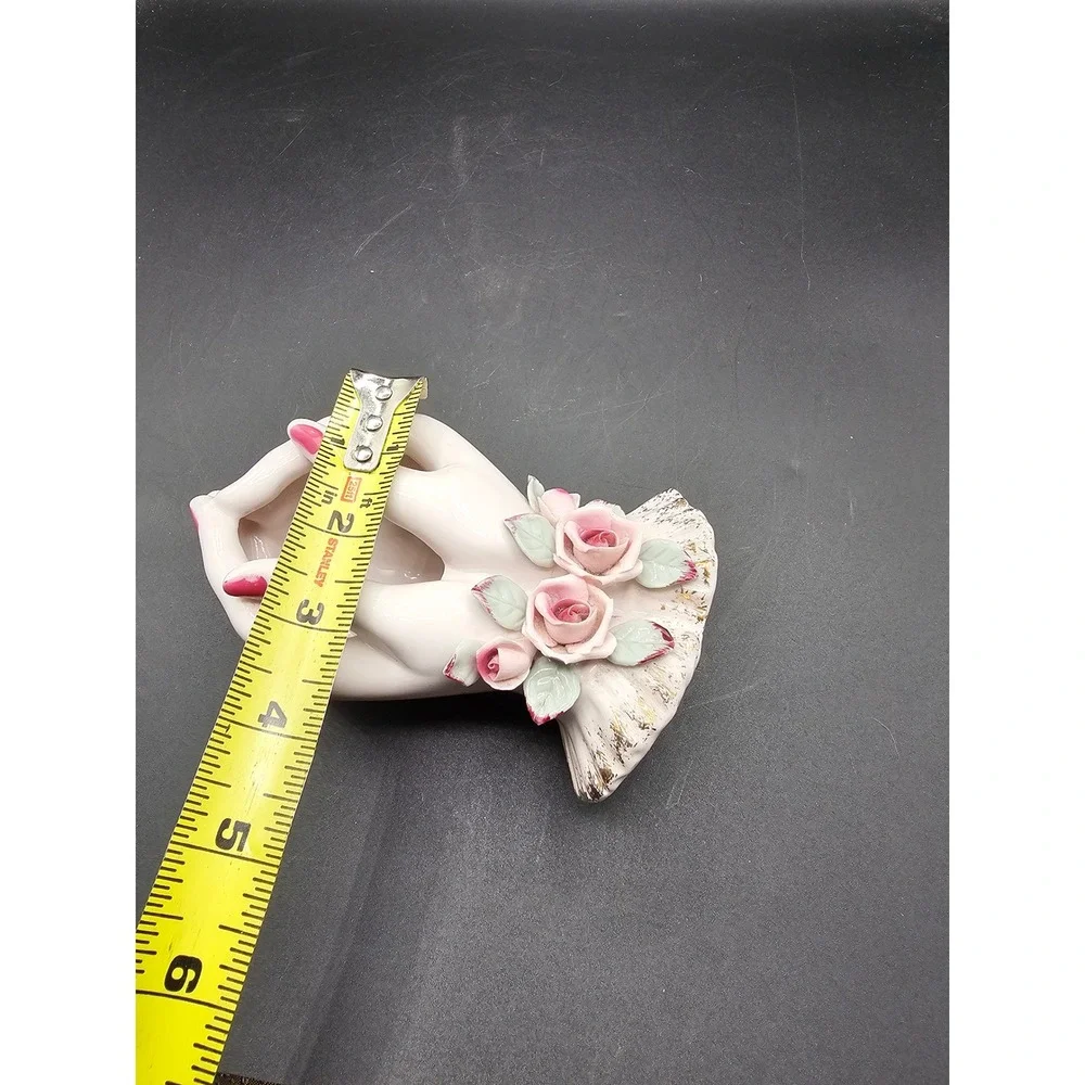 Vintage Lefton 714 Porcelain Hand Wall Pocket Vase Pink Roses Gold Trim Japan AB